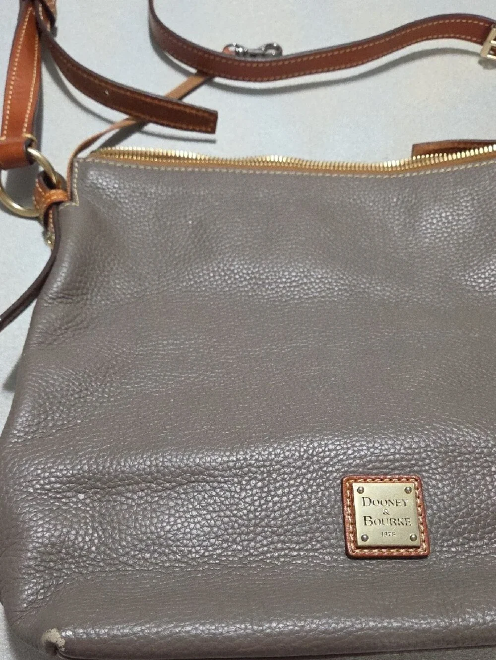 Dooney & Bourke Gray Pebbled Leather Crossbody with Brown Trim